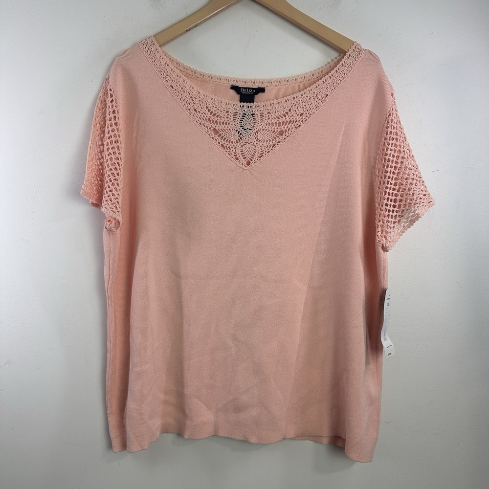 Beliza Women's 2X Pullover Sweater‎ Short Sleeve Cotton Blend Pink Lace Trim New